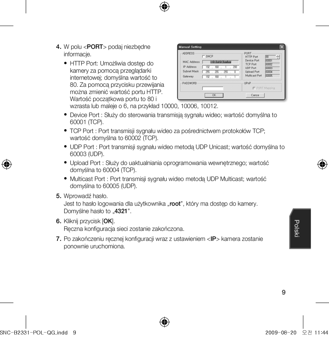 Samsung SNC-B2331-FRA-QG manual Polu Port podaj niezbędne informacje 