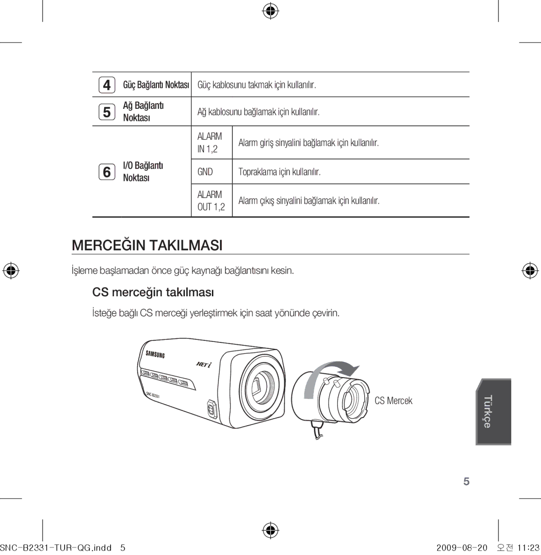 Samsung SNC-B2331-FRA-QG manual Merceğin takılması, CS merceğin takılması 