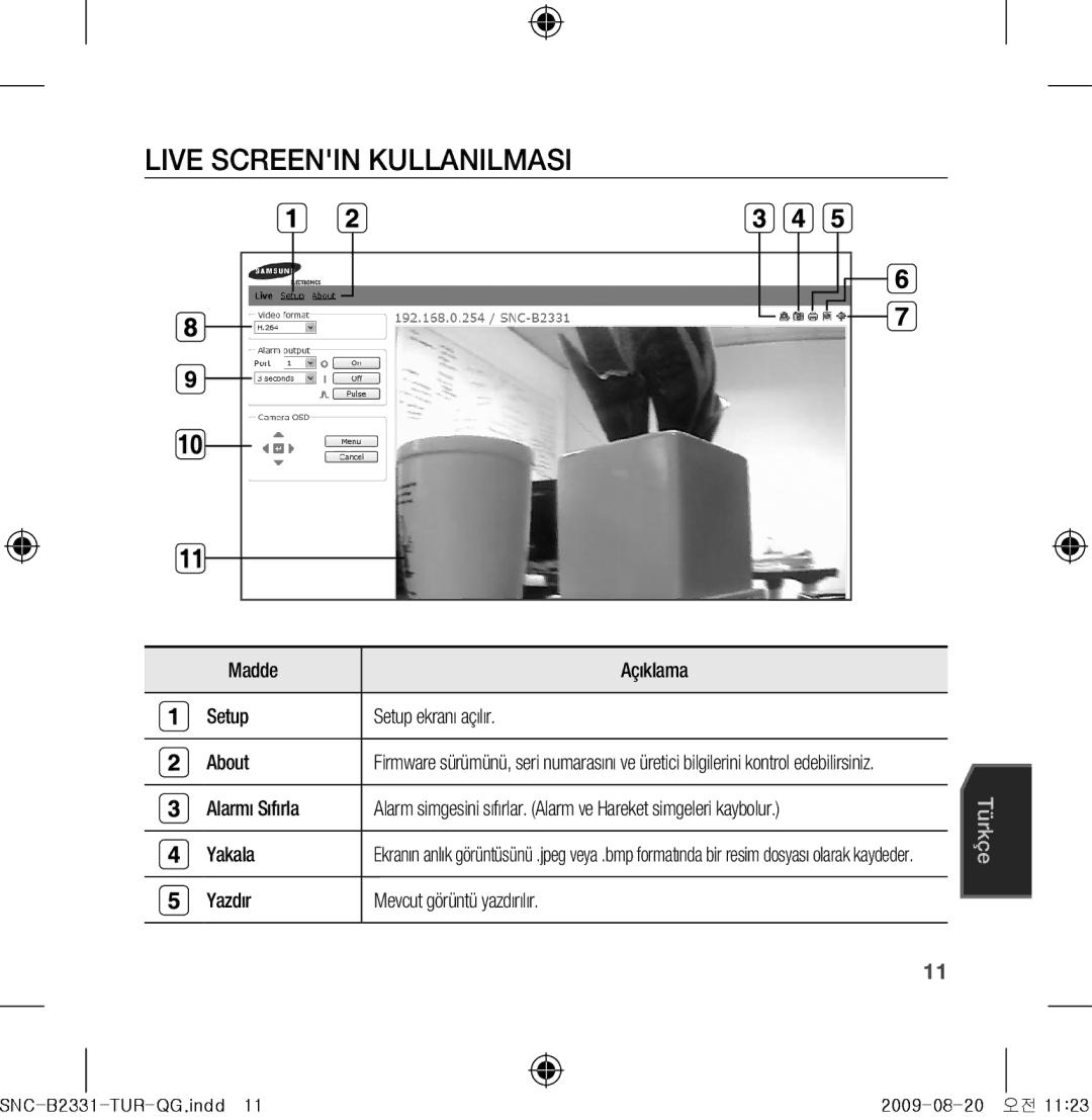 Samsung SNC-B2331-FRA-QG manual Live Screenin kullanılması, Madde Açıklama Setup Setup ekranı açılır About, Alarmı Sıfırla 