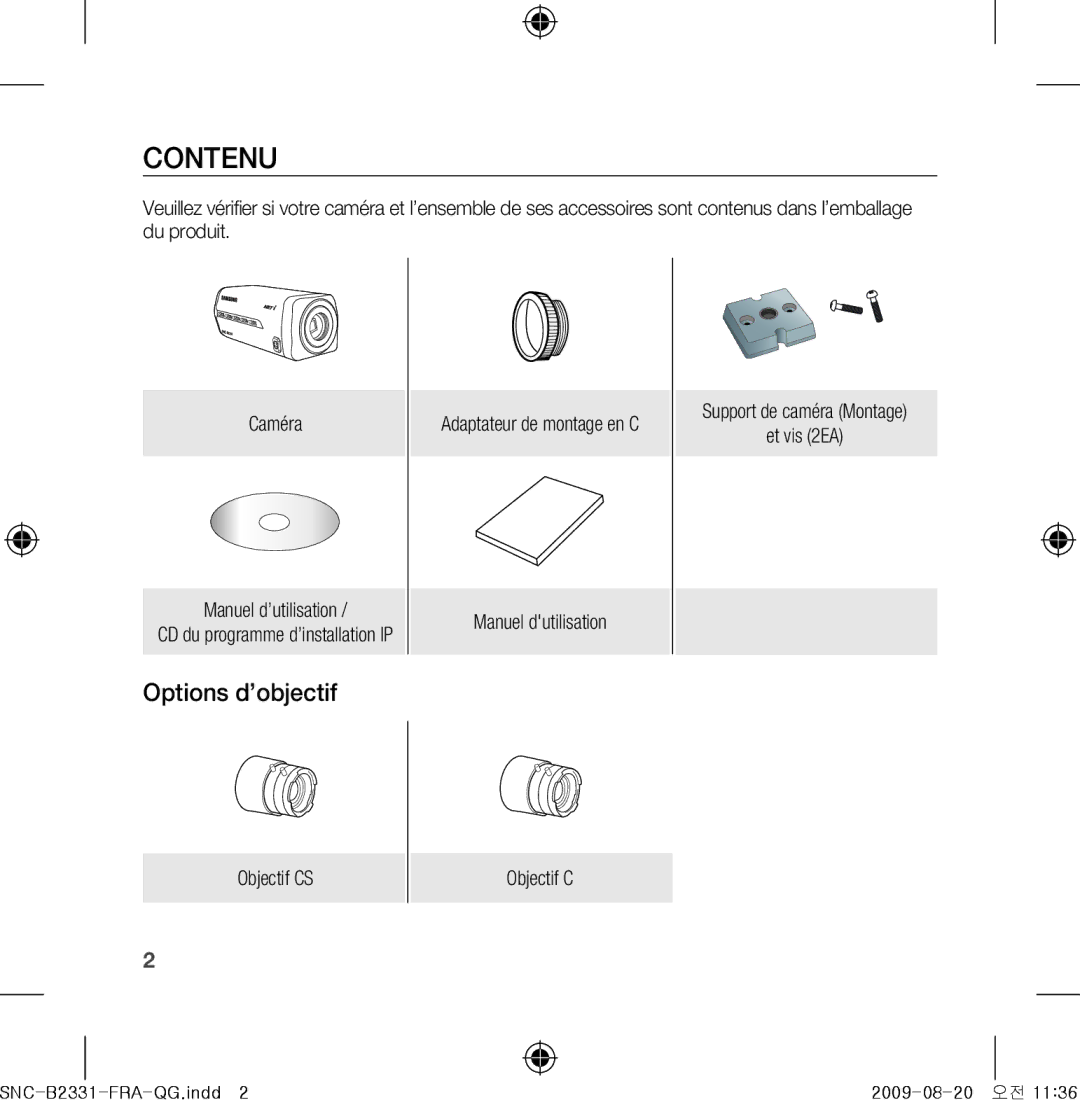 Samsung SNC-B2331-FRA-QG manual Contenu, Options d’objectif, CD du programme d’installation IP, Adaptateur de montage en C 