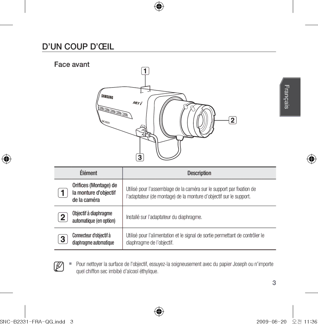 Samsung SNC-B2331-FRA-QG manual ’un coup d’œil, Face avant 