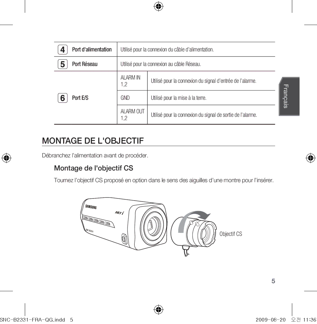 Samsung SNC-B2331-FRA-QG manual Montage de lobjectif CS 