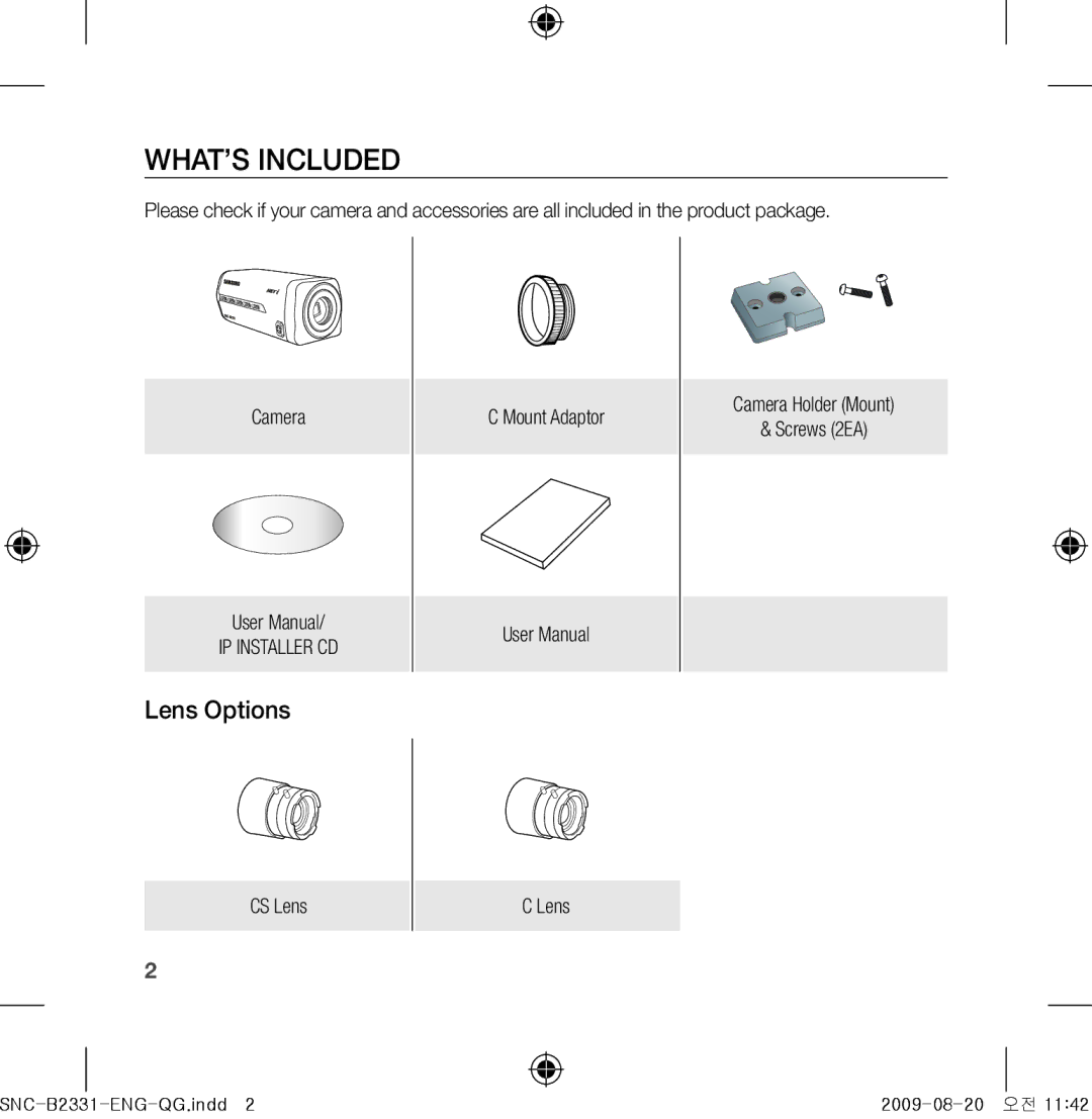 Samsung SNC-B2331-FRA-QG manual WHAT’S Included, Lens Options, Mount Adaptor Camera Holder Mount Screws 2EA CS Lens 