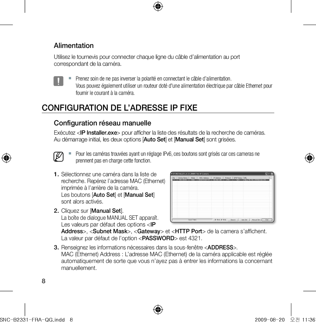 Samsung SNC-B2331-FRA-QG manual ConFiguRation De l’aDReSSe ip Fixe, Alimentation, Configuration réseau manuelle 