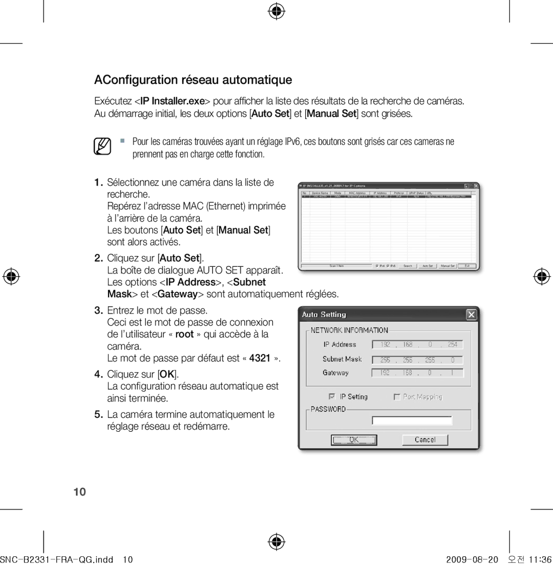 Samsung SNC-B2331-FRA-QG manual AConfiguration réseau automatique 