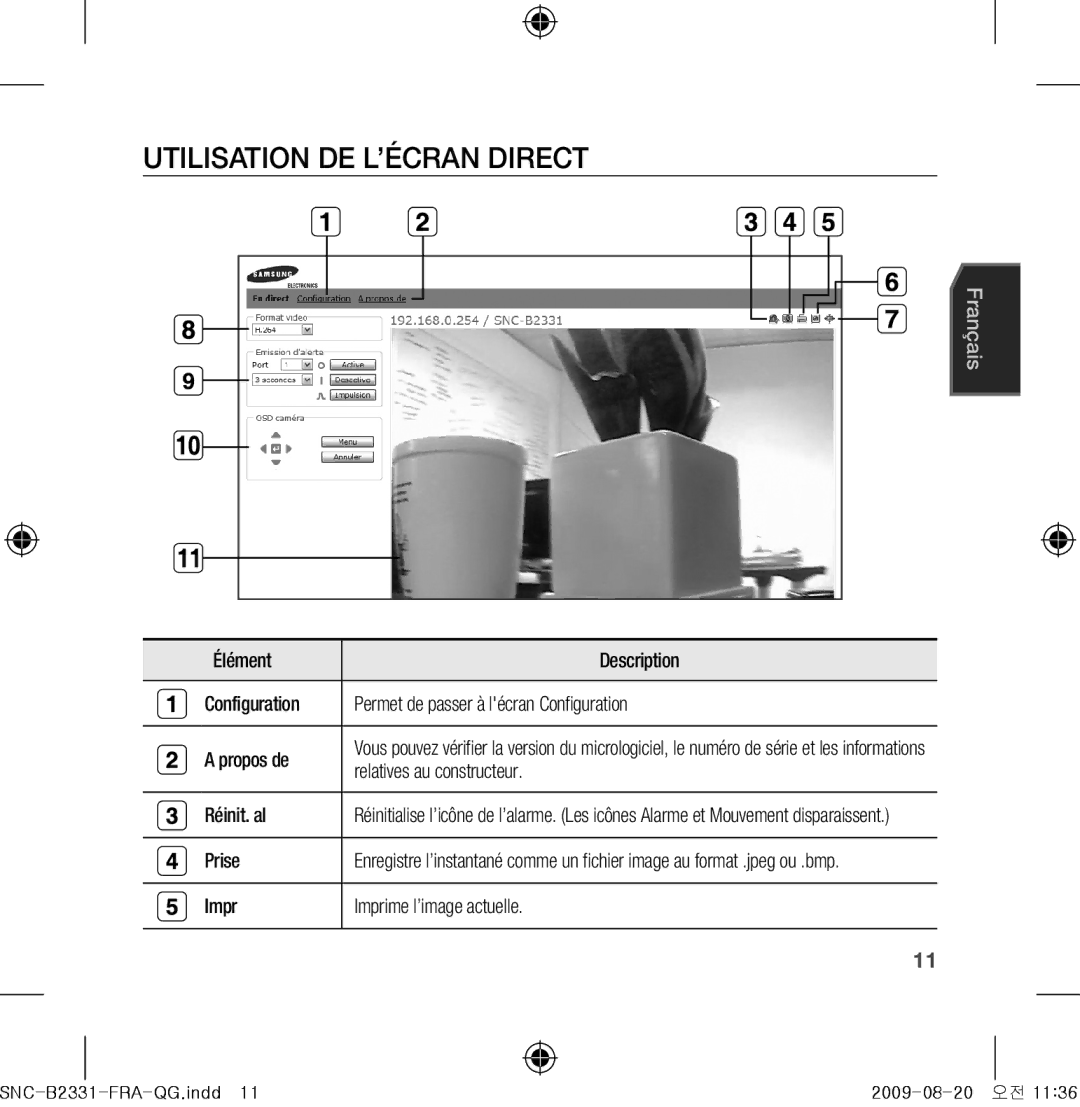 Samsung SNC-B2331-FRA-QG manual Utilisation de l’écran Direct, Relatives au constructeur, Réinit. al, Prise 