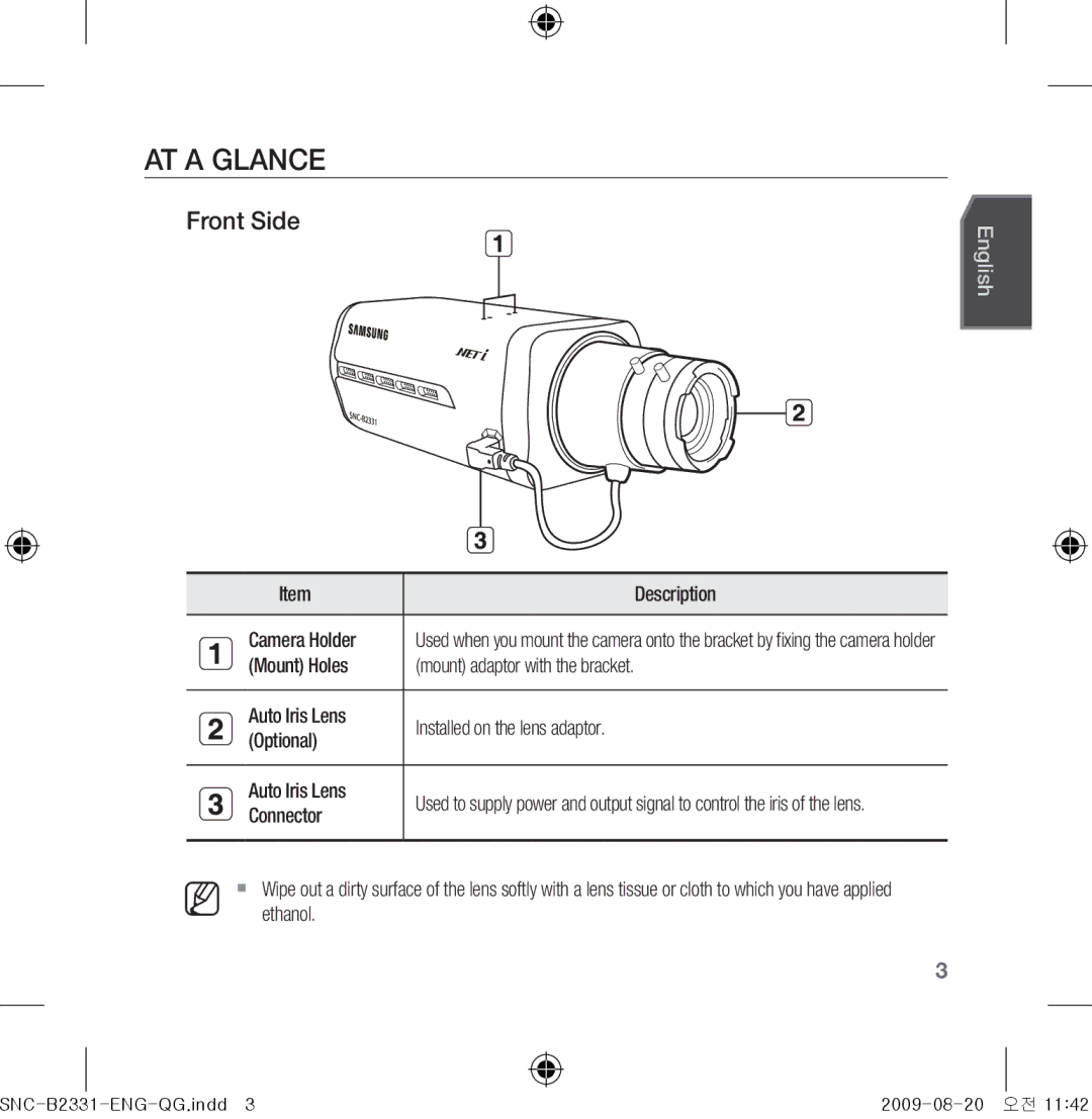 Samsung SNC-B2331-FRA-QG manual AT a Glance, Description, Camera Holder, Connector 