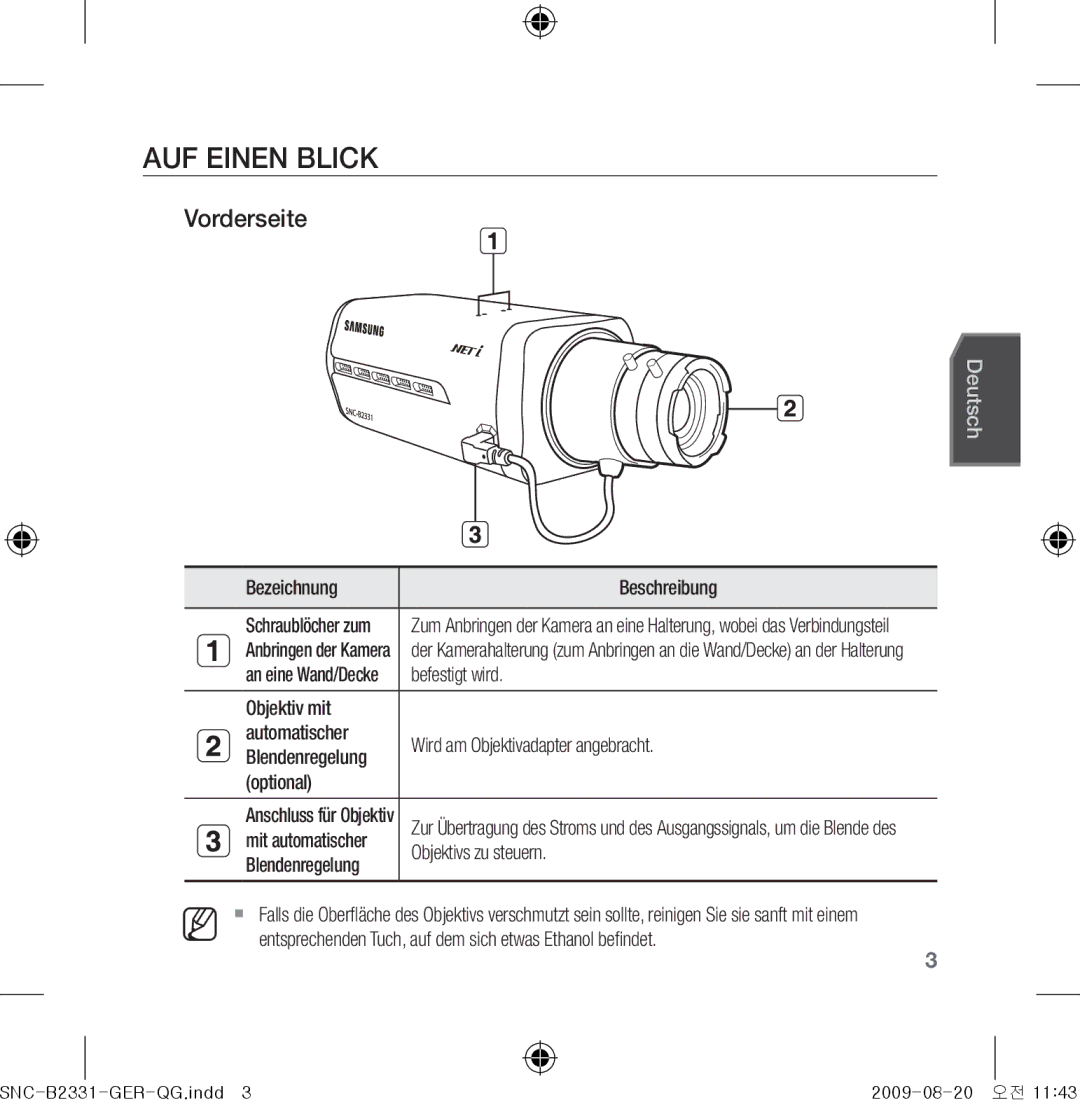 Samsung SNC-B2331-FRA-QG manual AUF Einen Blick, Vorderseite 