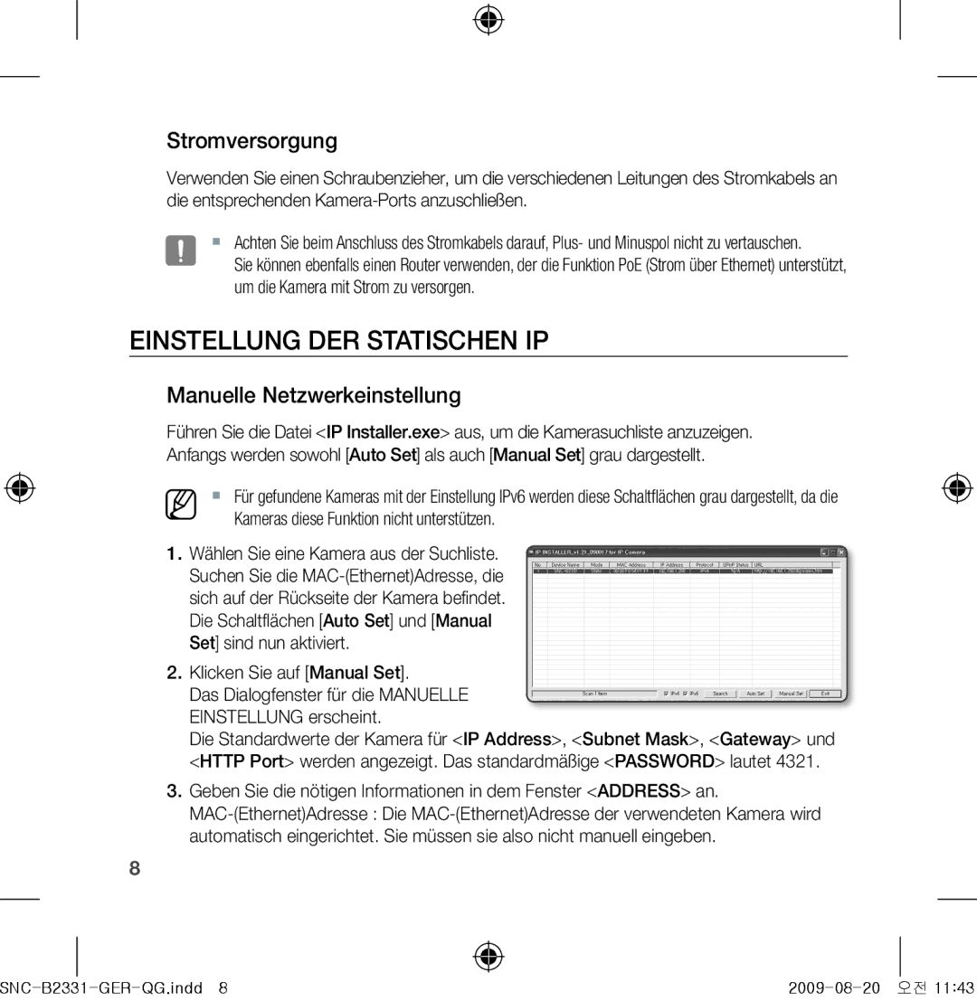 Samsung SNC-B2331-FRA-QG manual Einstellung DER Statischen IP, Stromversorgung, Manuelle Netzwerkeinstellung 