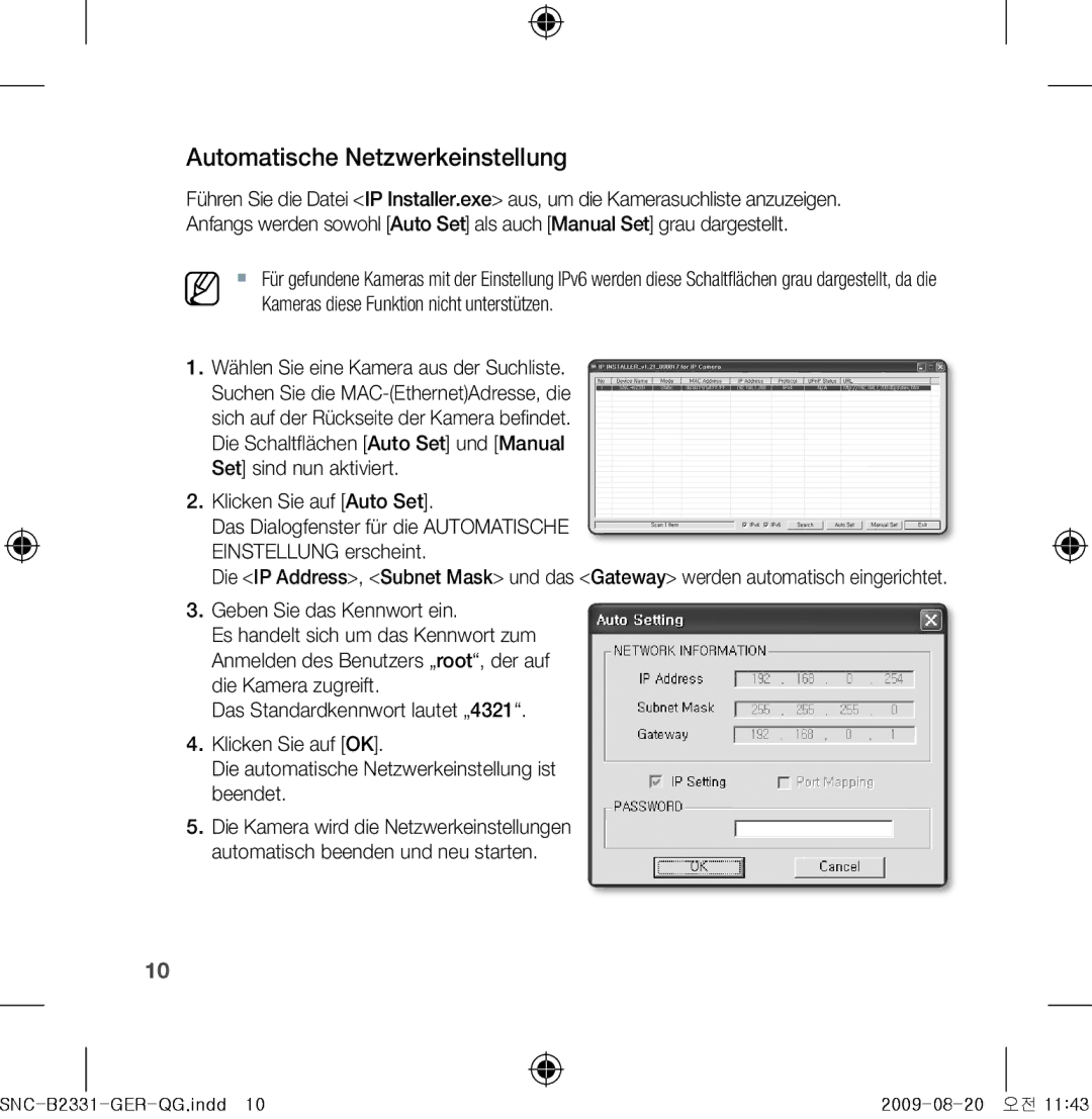 Samsung SNC-B2331-FRA-QG manual Automatische Netzwerkeinstellung, Klicken Sie auf Auto Set 