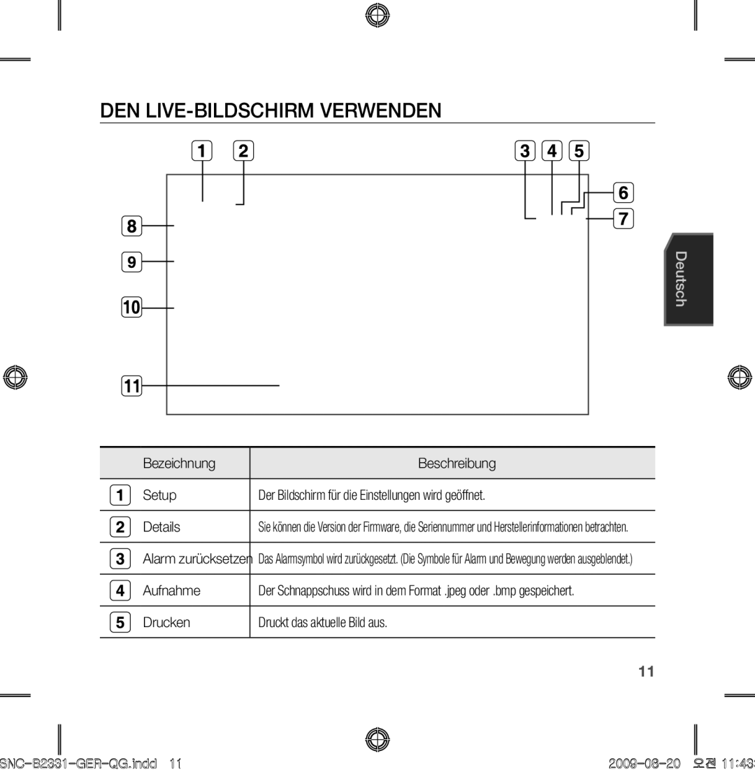 Samsung SNC-B2331-FRA-QG DEN LIVE-BILDSCHIRM Verwenden, Aufnahme, Drucken Druckt das aktuelle Bild aus, Alarm zurücksetzen 