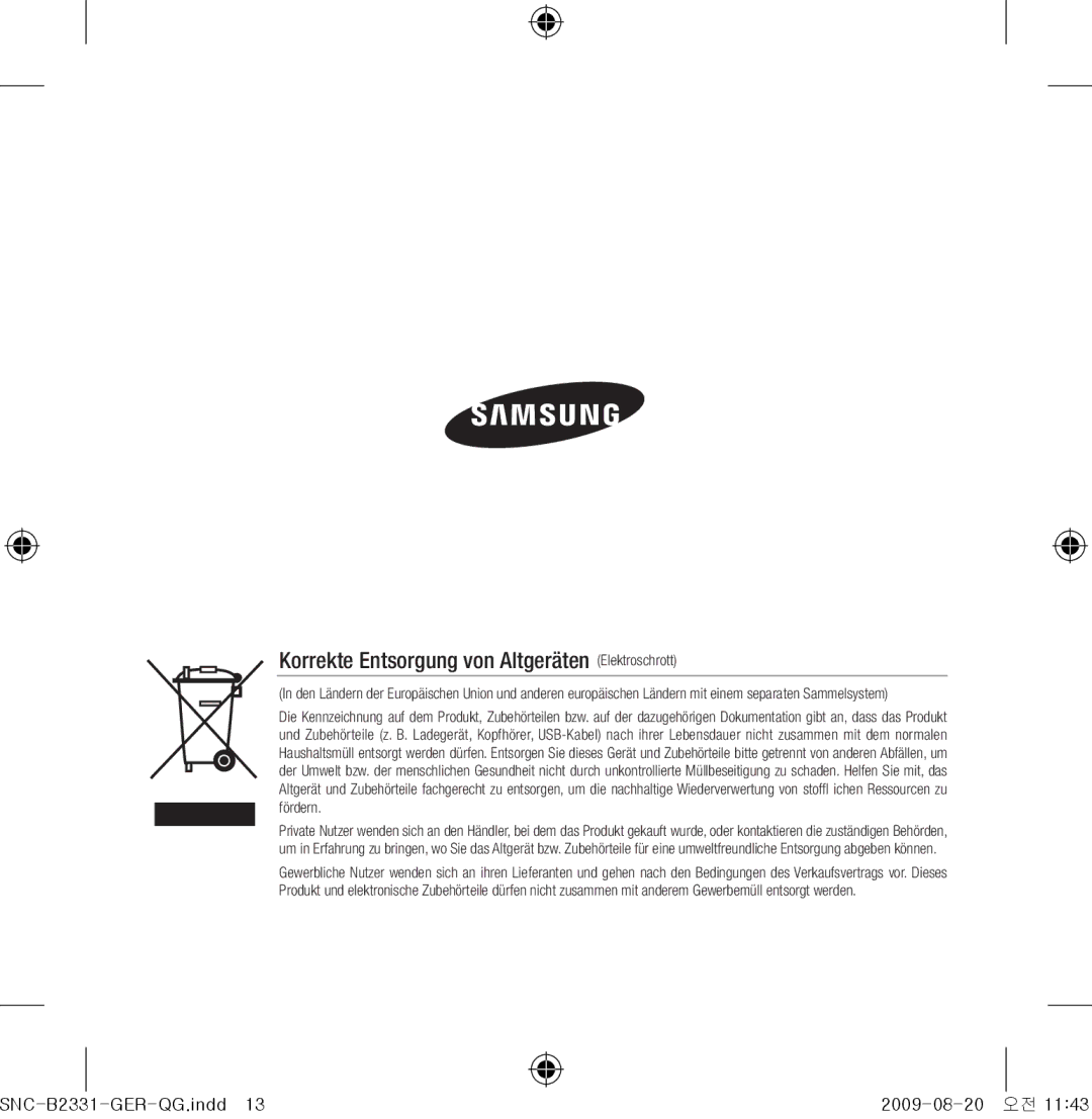 Samsung SNC-B2331-FRA-QG manual Korrekte Entsorgung von Altgeräten Elektroschrott 