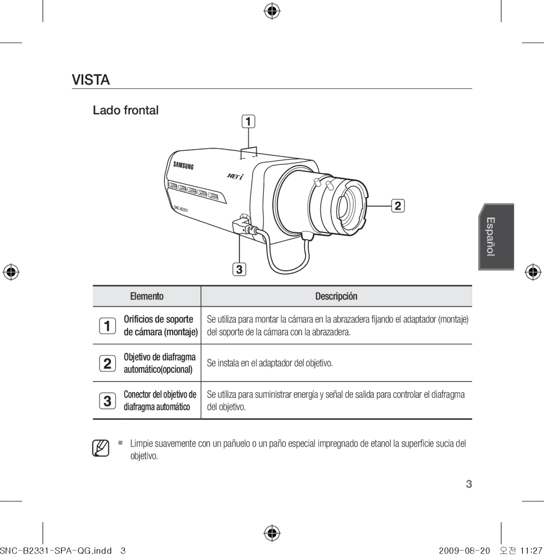 Samsung SNC-B2331-FRA-QG manual Vista, Lado frontal 