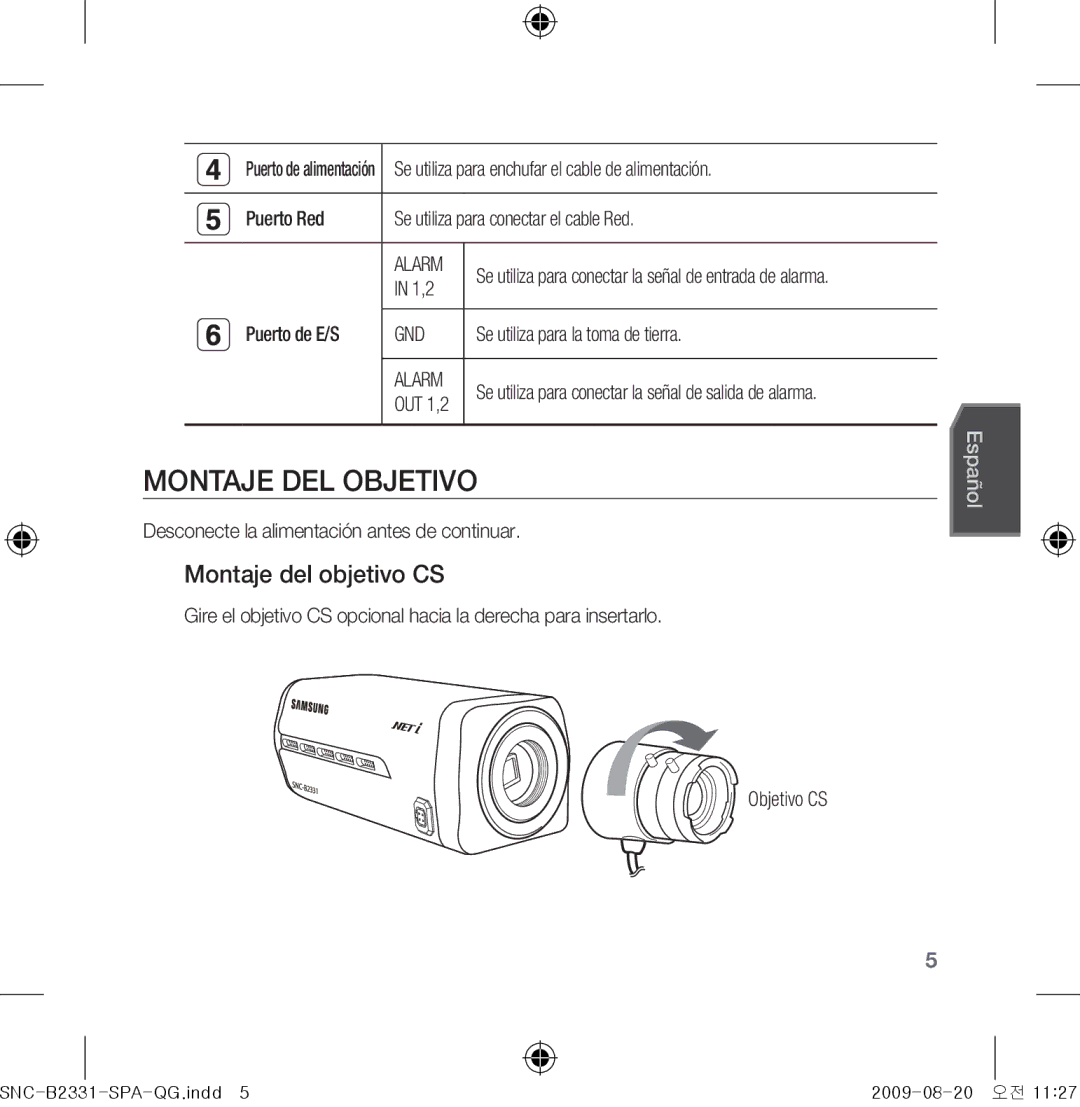 Samsung SNC-B2331-FRA-QG manual Montaje del objetivo CS 