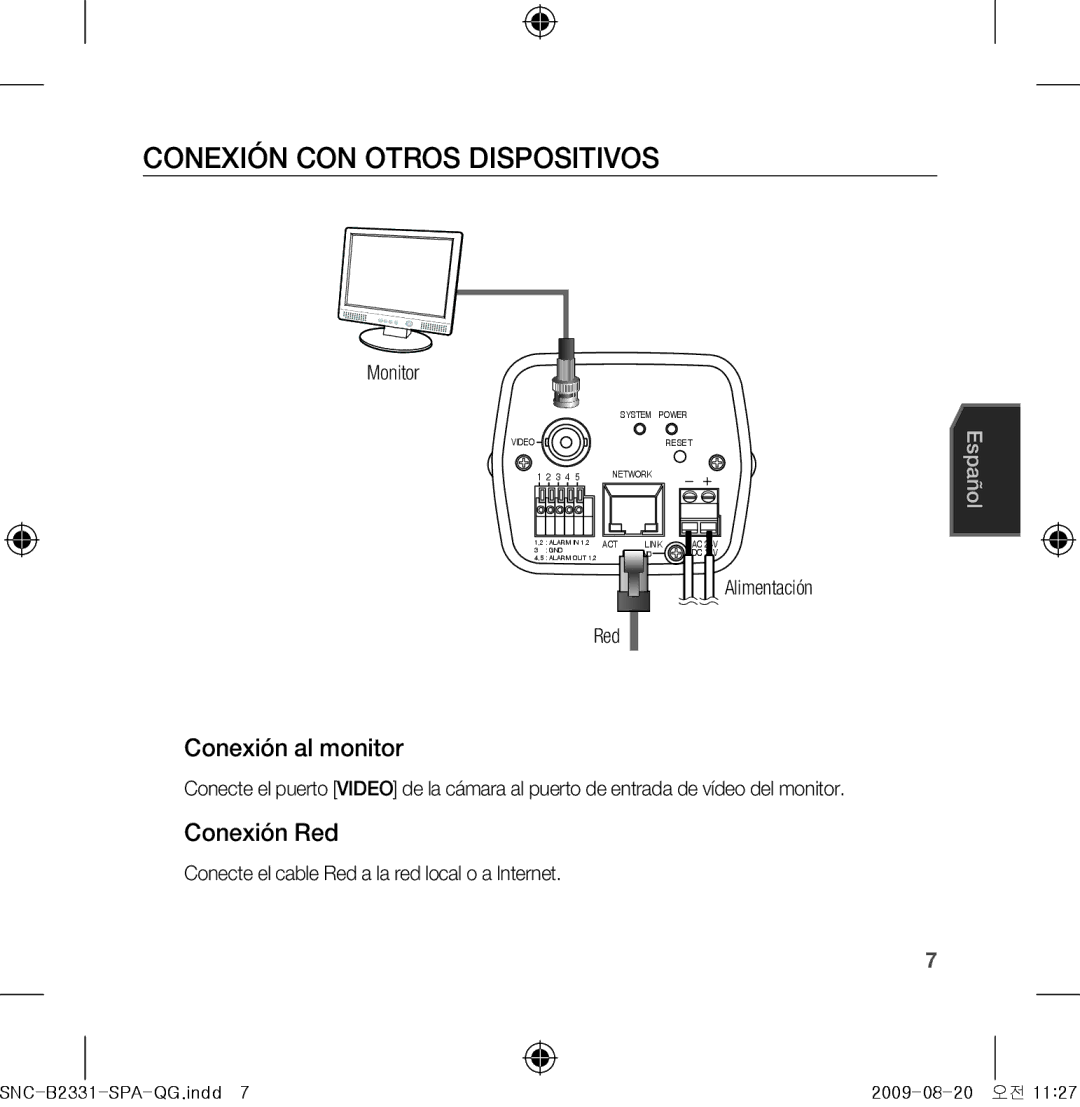 Samsung SNC-B2331-FRA-QG manual Conexión con otros dispositivos, Conexión al monitor, Conexión Red, Alimentación Red 