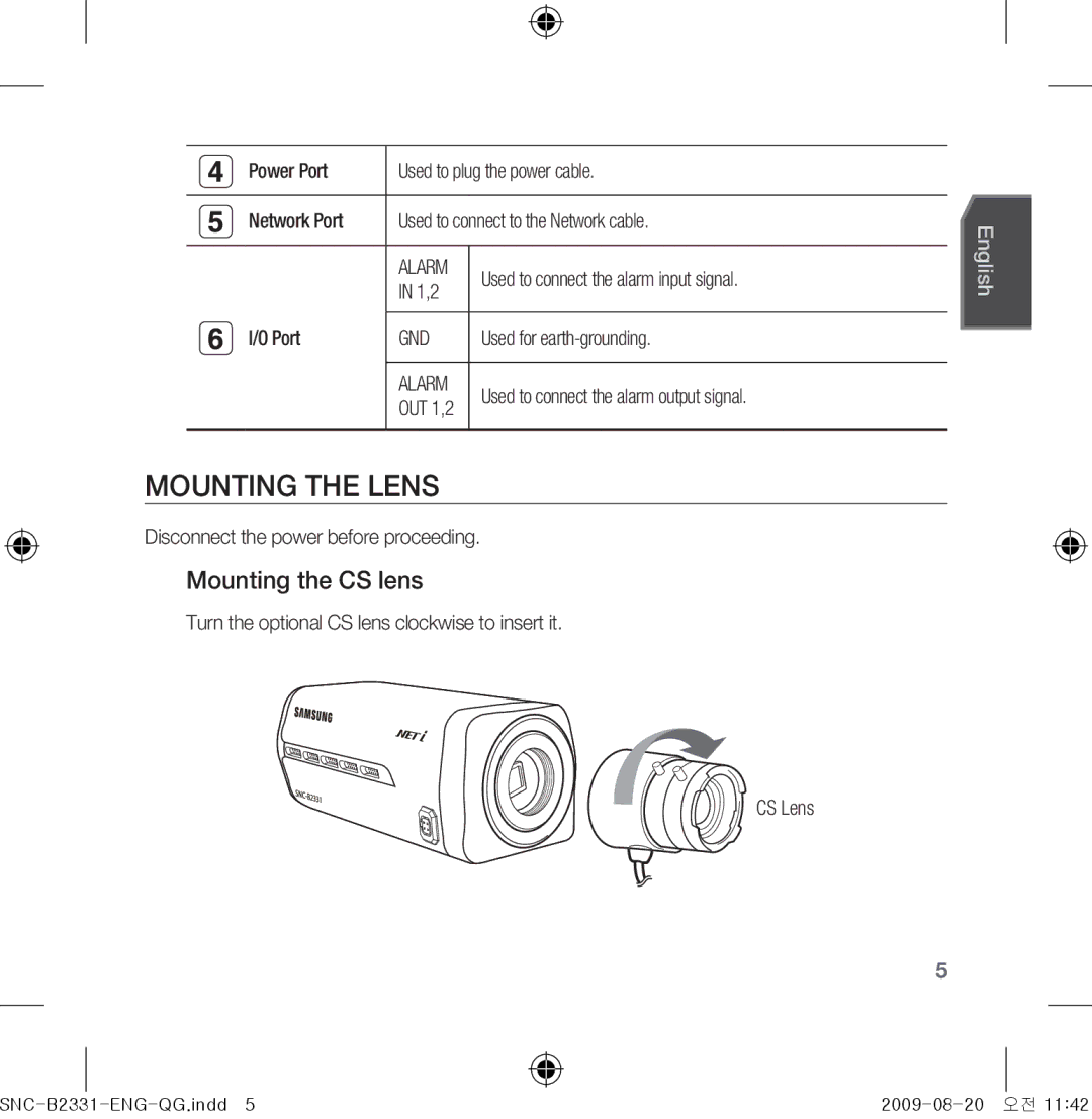 Samsung SNC-B2331-FRA-QG manual Mounting the Lens, Mounting the CS lens 