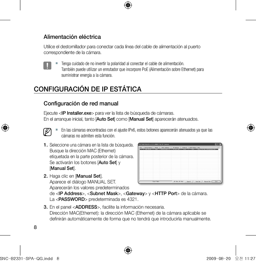 Samsung SNC-B2331-FRA-QG ConFiGUraCión de ip estÁtiCa, Alimentación eléctrica, Configuración de red manual 