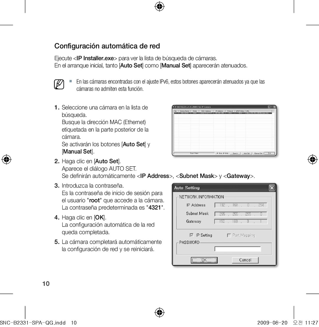 Samsung SNC-B2331-FRA-QG manual Configuración automática de red, Haga clic en auto set. Aparece el diálogo Auto SET 