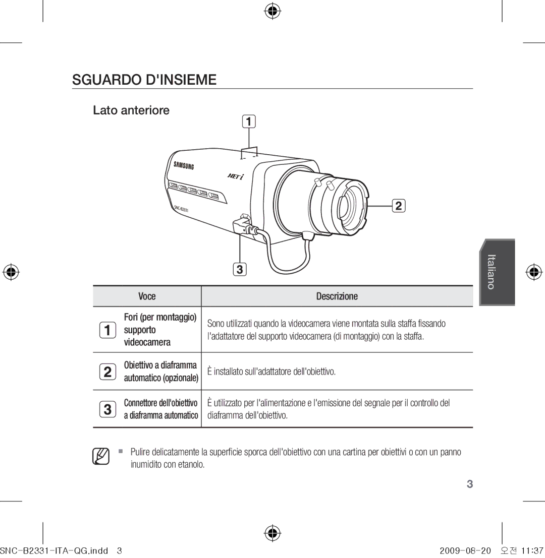 Samsung SNC-B2331-FRA-QG manual Sguardo Dinsieme, Lato anteriore 