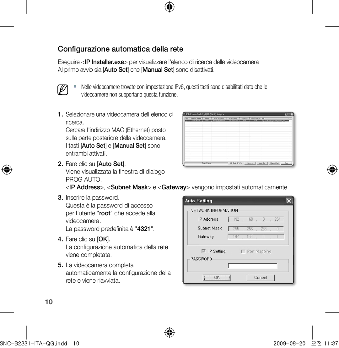 Samsung SNC-B2331-FRA-QG manual Configurazione automatica della rete, Prog Auto 