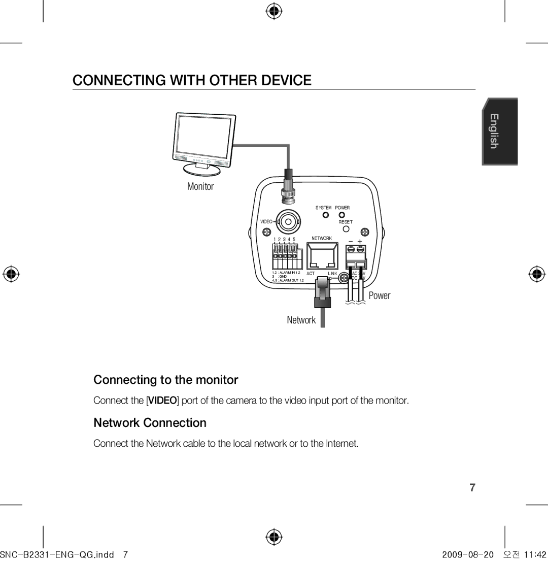 Samsung SNC-B2331-FRA-QG manual Connecting with Other Device, Connecting to the monitor, Network Connection, Monitor 