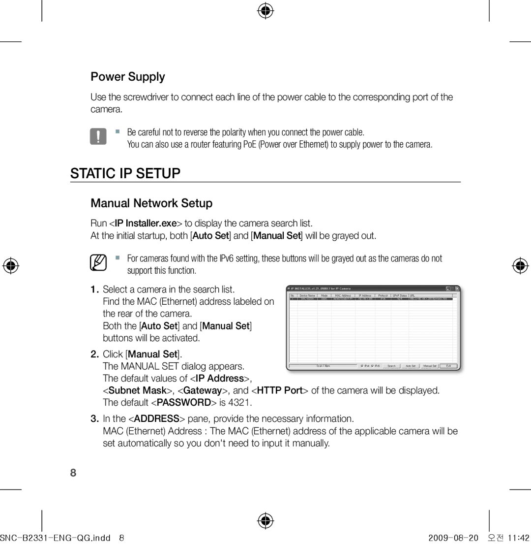 Samsung SNC-B2331-FRA-QG manual Static IP Setup, Power Supply, Manual Network Setup, Support this function 