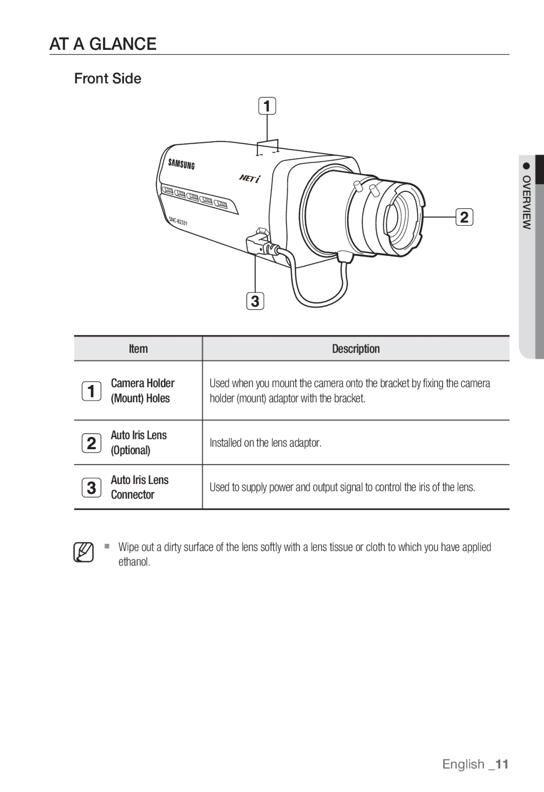 Samsung SNC-B2331P manual AT a Glance, Front Side, Description, Camera Holder, Connector 