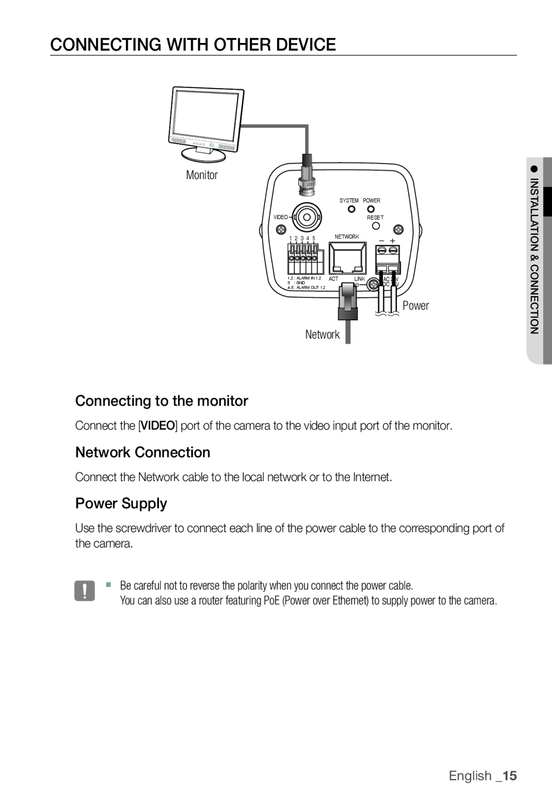 Samsung SNC-B2331P manual Connecting with Other Device, Connecting to the monitor, Network Connection, Power Supply 