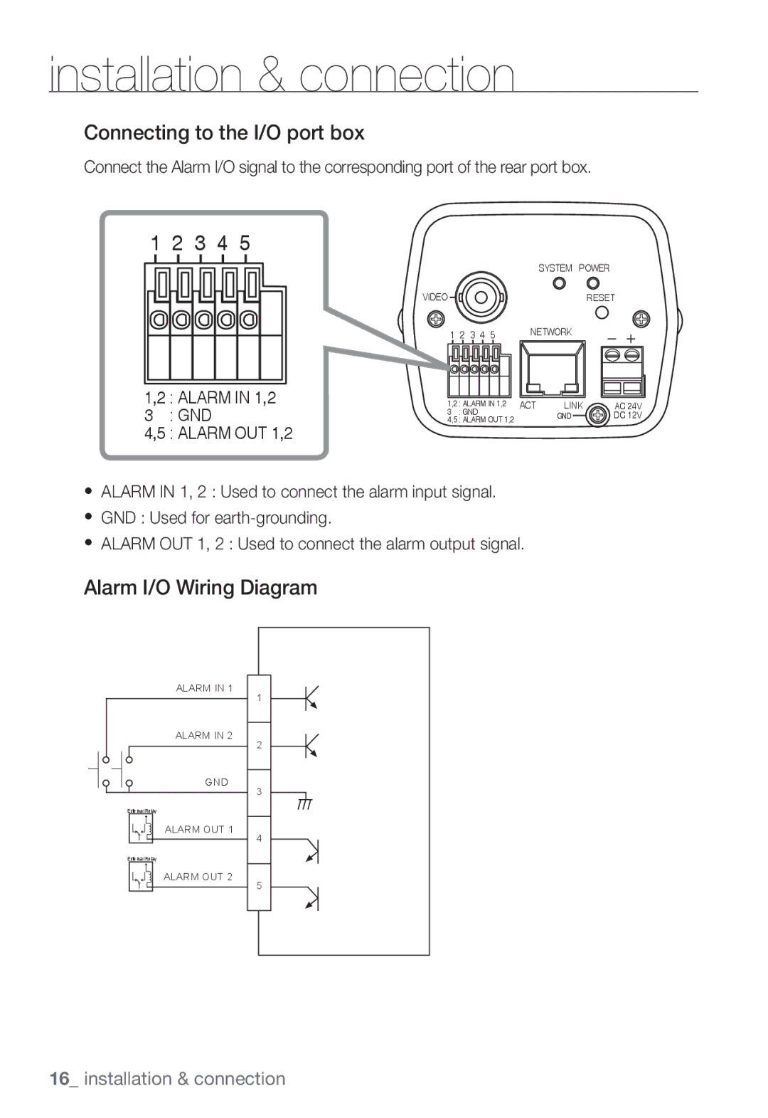 Samsung SNC-B2331P manual Connecting to the I/O port box, Alarm I/O Wiring Diagram 