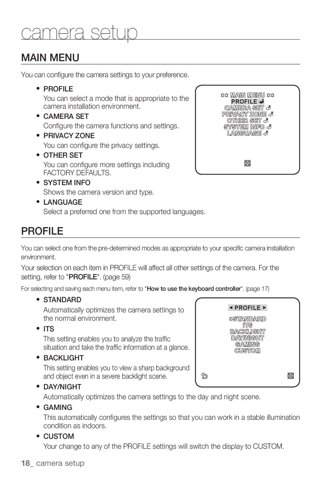 Samsung SNC-B2331P manual Main Menu, Profile, Factory Defaults 