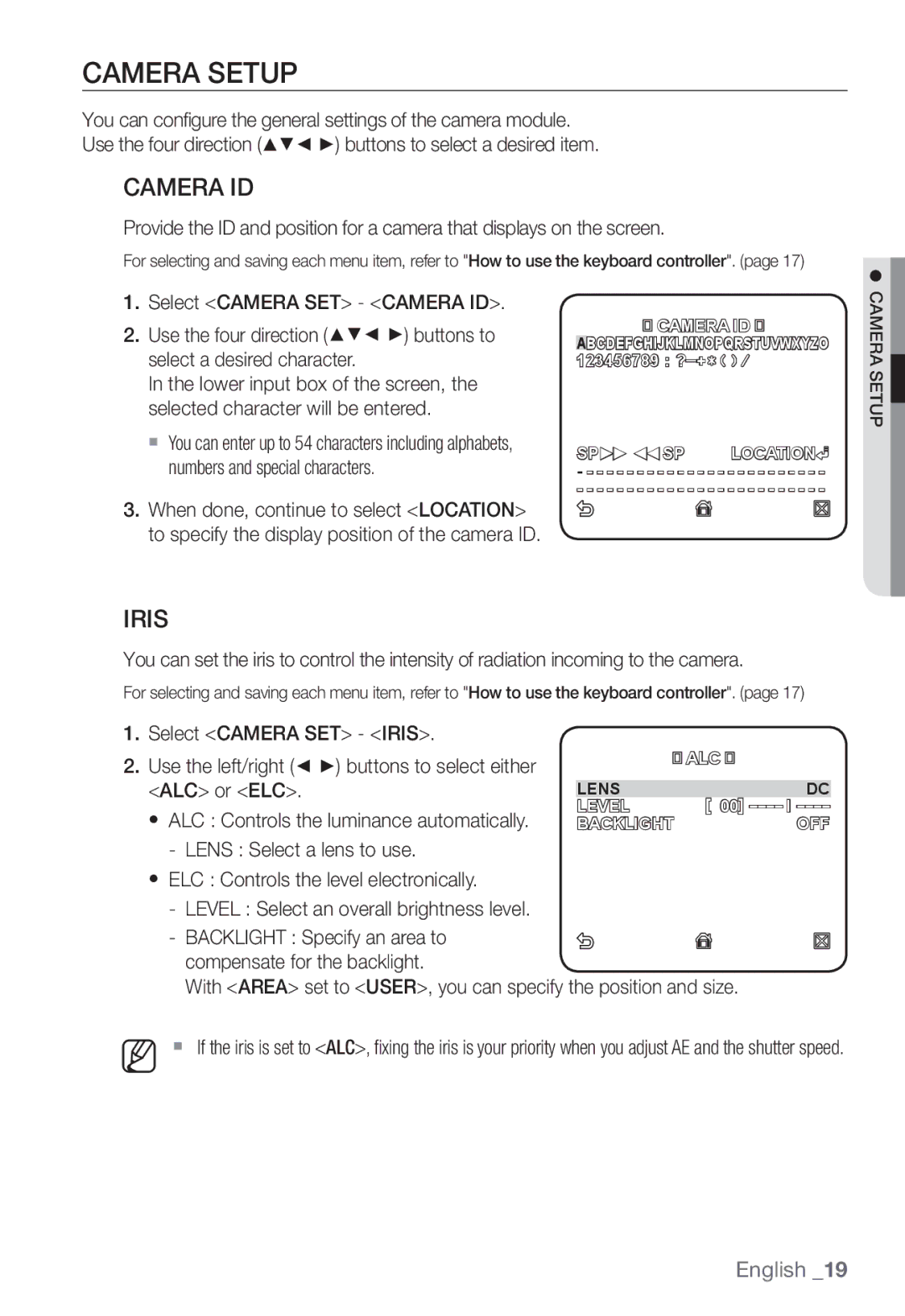 Samsung SNC-B2331P manual Camera Setup, Camera ID, Iris 