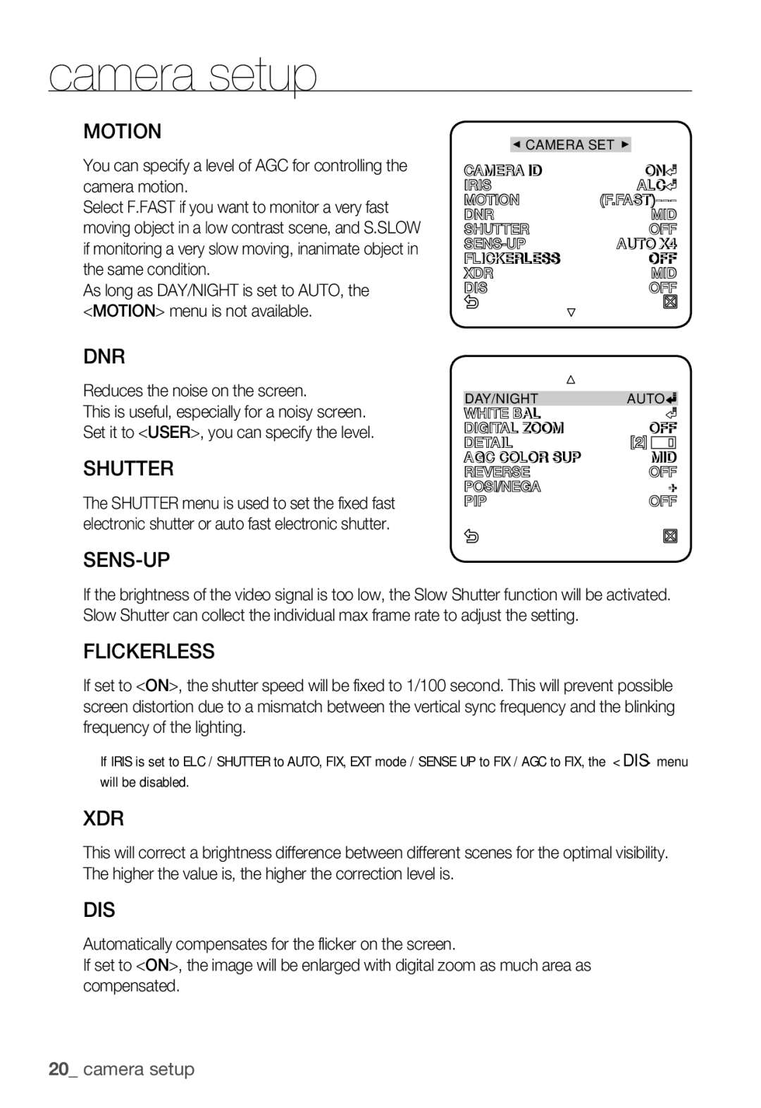 Samsung SNC-B2331P manual Motion, Dnr, Shutter, Sens-Up, Flickerless, Xdr, Dis 