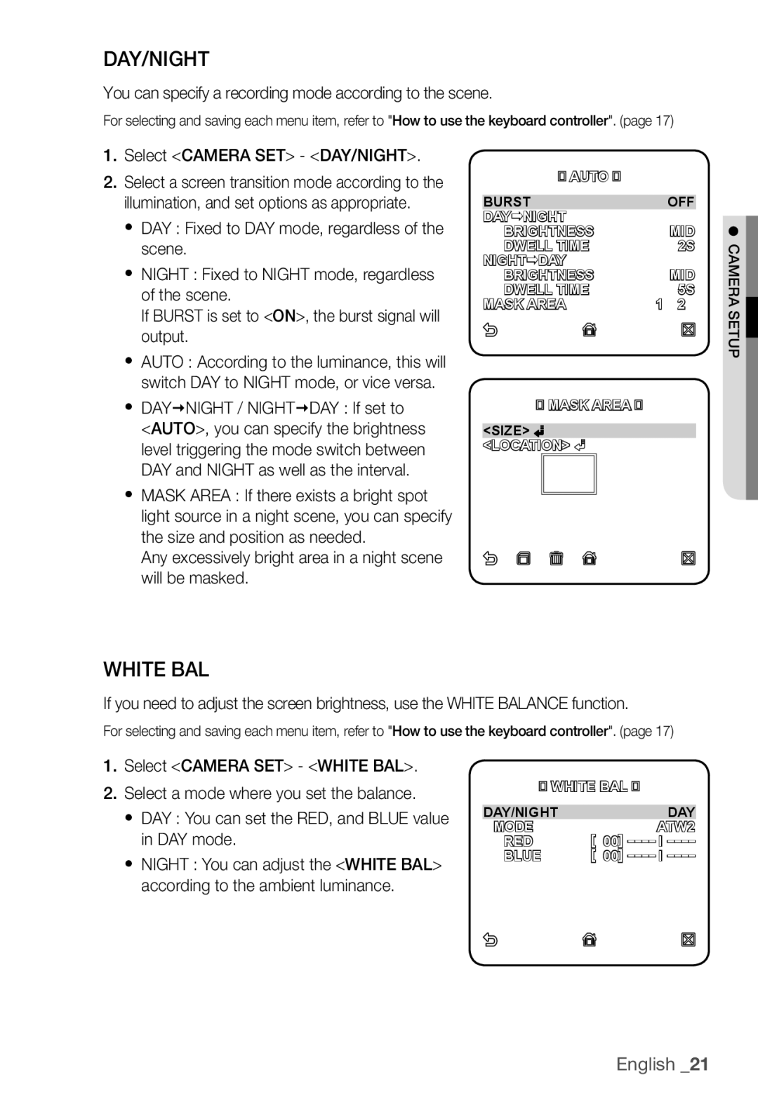 Samsung SNC-B2331P manual Day/Night, White BAL, You can specify a recording mode according to the scene 