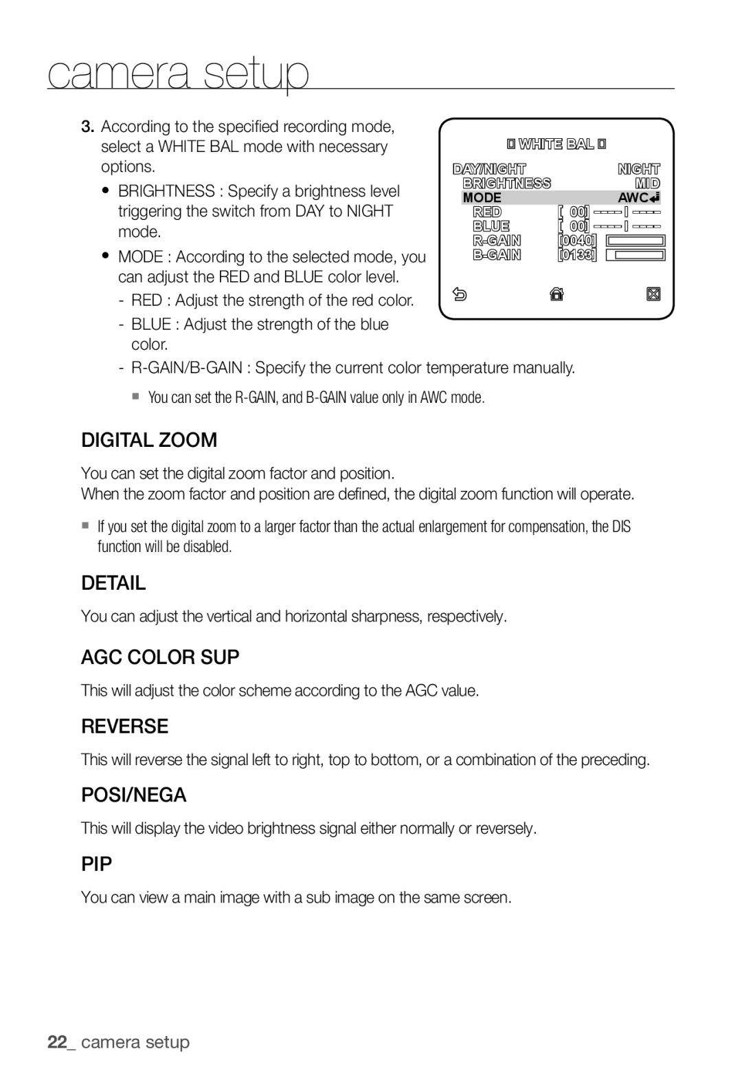 Samsung SNC-B2331P manual Digital Zoom, Detail, AGC Color SUP, Reverse, Posi/Nega, Pip 