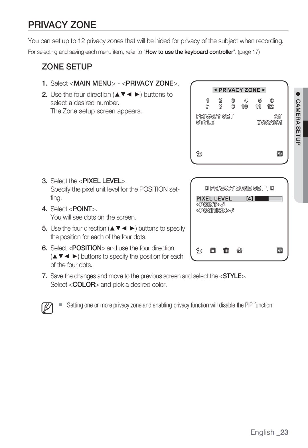 Samsung SNC-B2331P manual Privacy Zone, Zone Setup 