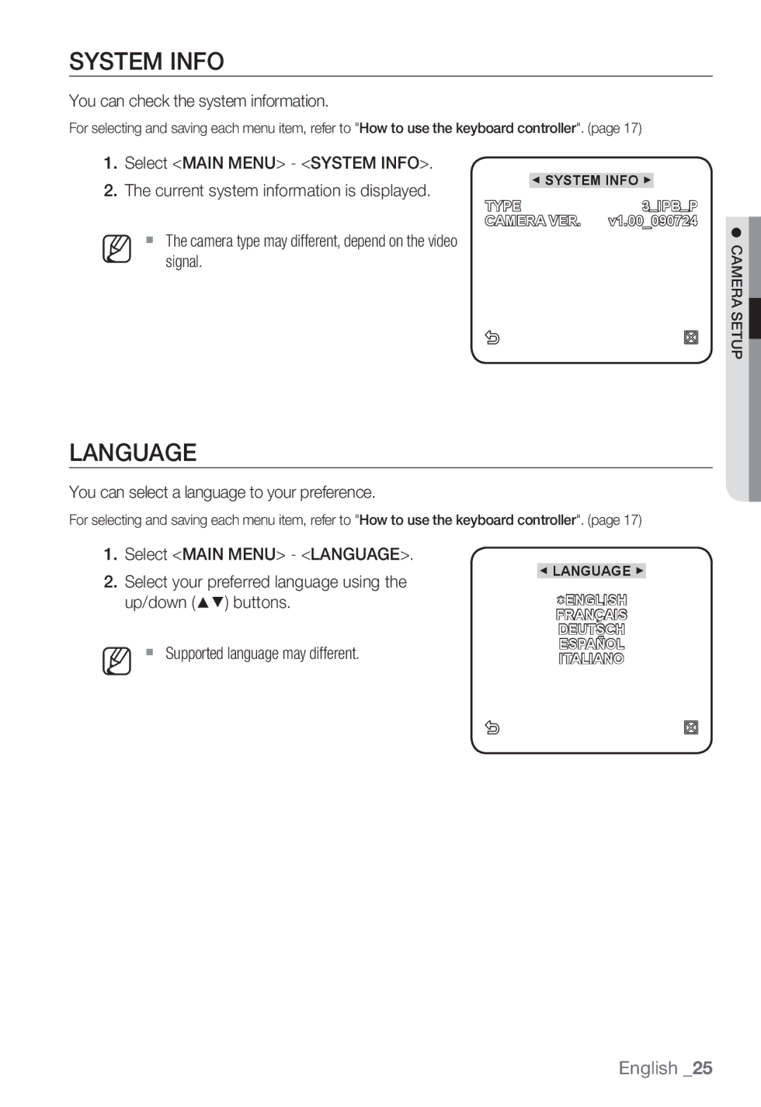 Samsung SNC-B2331P manual System Info, Language, You can check the system information 