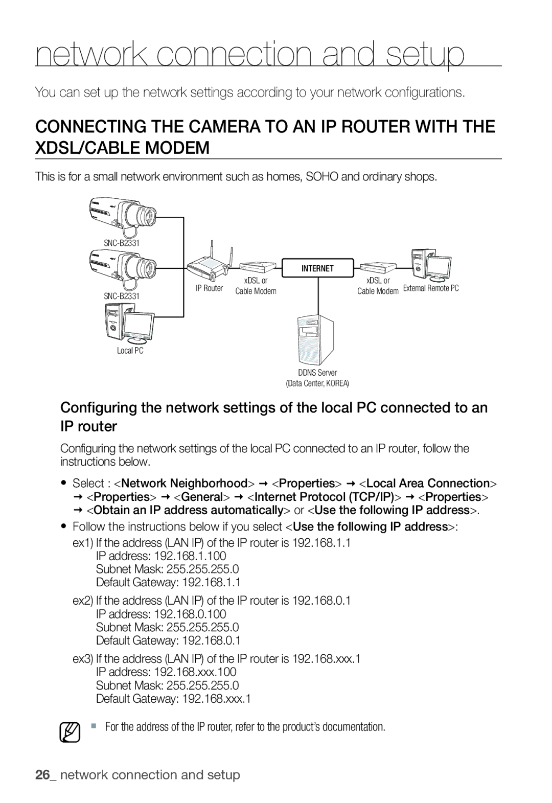 Samsung SNC-B2331P manual Network connection and setup 