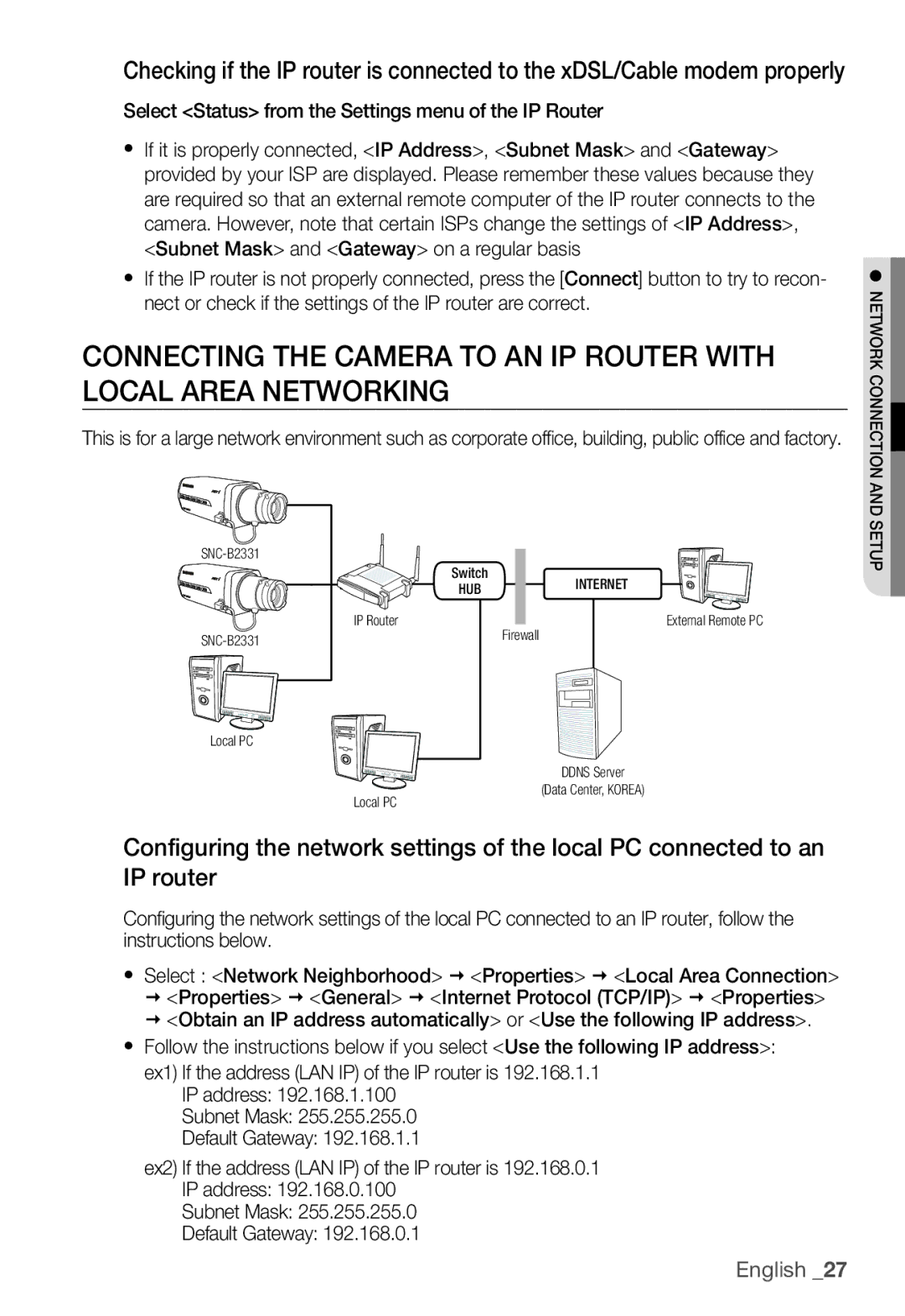 Samsung SNC-B2331P manual Network Connection and Setup 