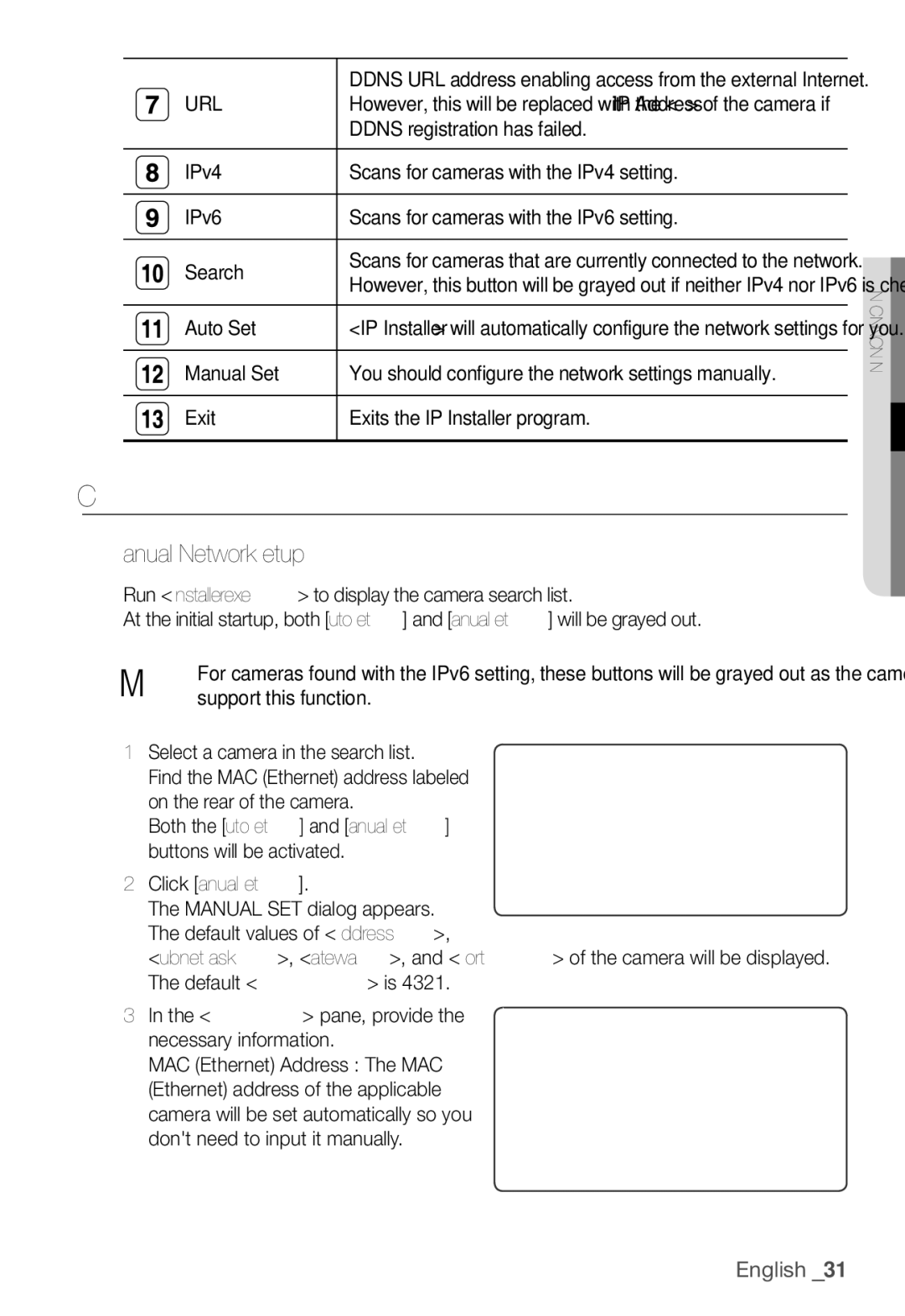 Samsung SNC-B2331P manual Static IP Setup, Manual Network Setup, Url, Ddns registration has failed, Auto Set 