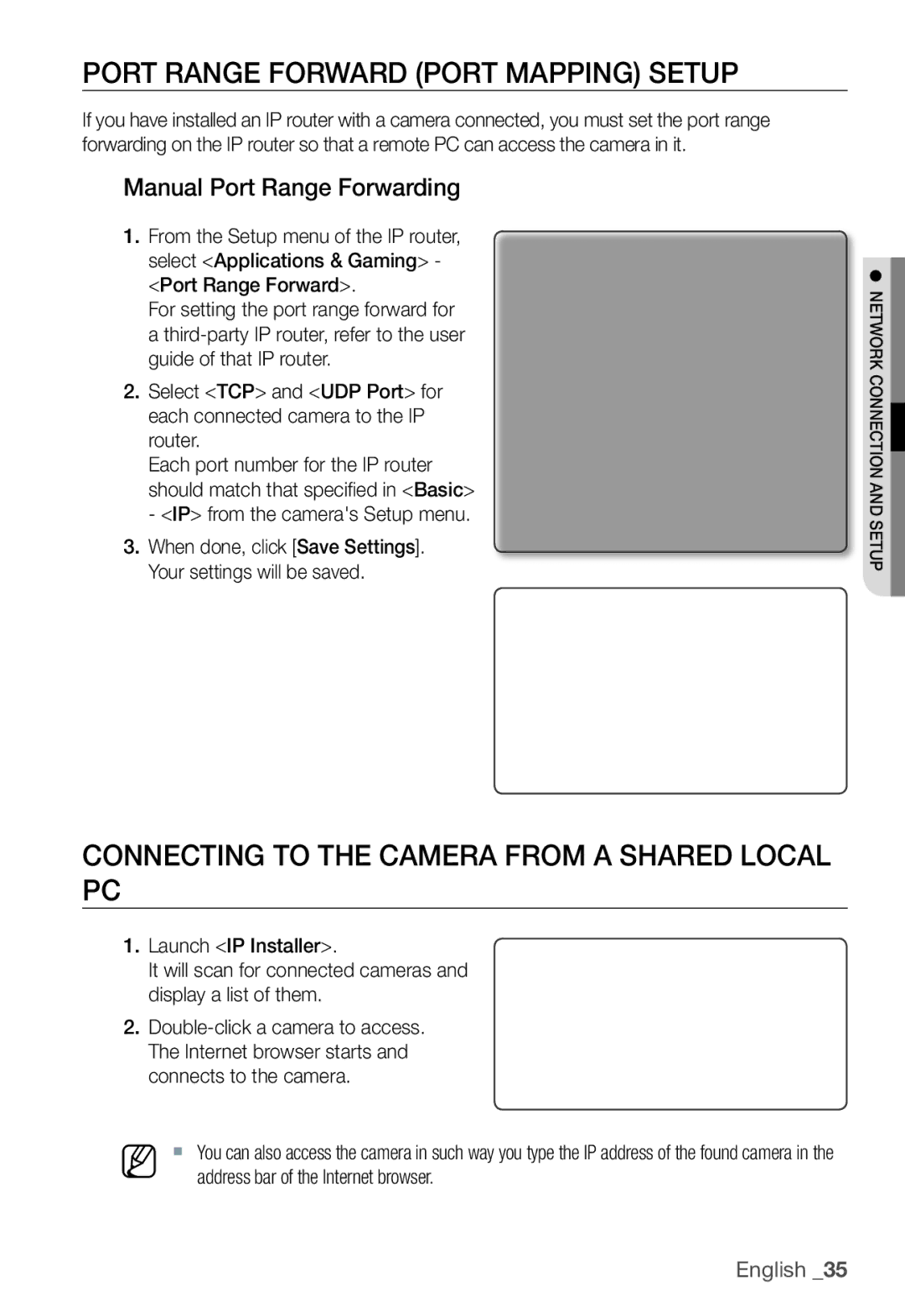 Samsung SNC-B2331P manual Port Range Forward Port Mapping Setup, Connecting to the Camera from a Shared Local PC 