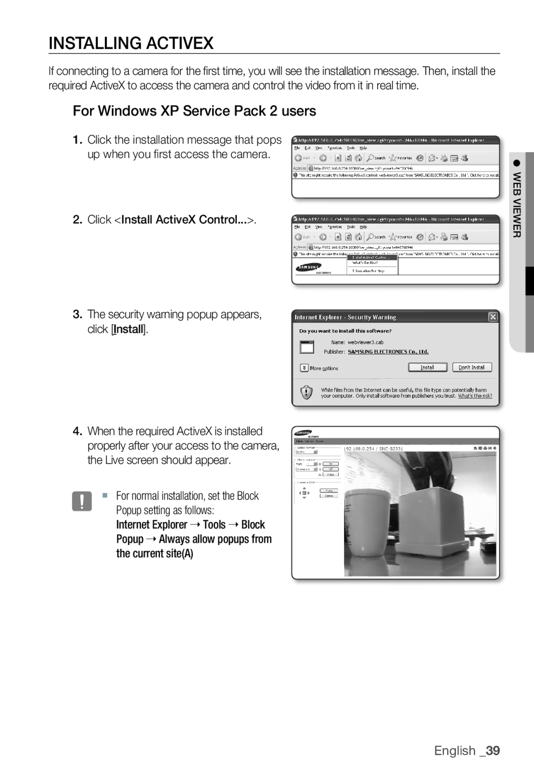 Samsung SNC-B2331P manual Installing Activex, For Windows XP Service Pack 2 users, Click Install ActiveX Control 