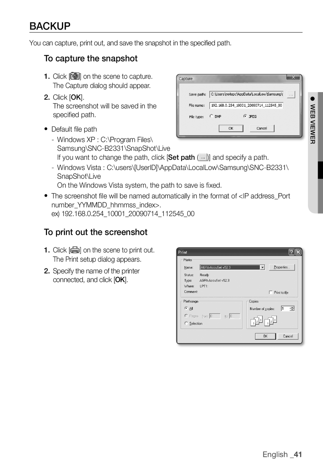 Samsung SNC-B2331P manual Backup, To capture the snapshot, To print out the screenshot 