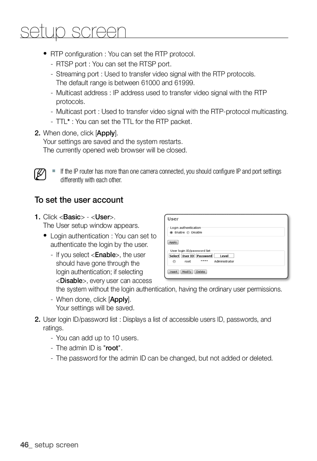 Samsung SNC-B2331P manual To set the user account, Click Basic User User setup window appears 