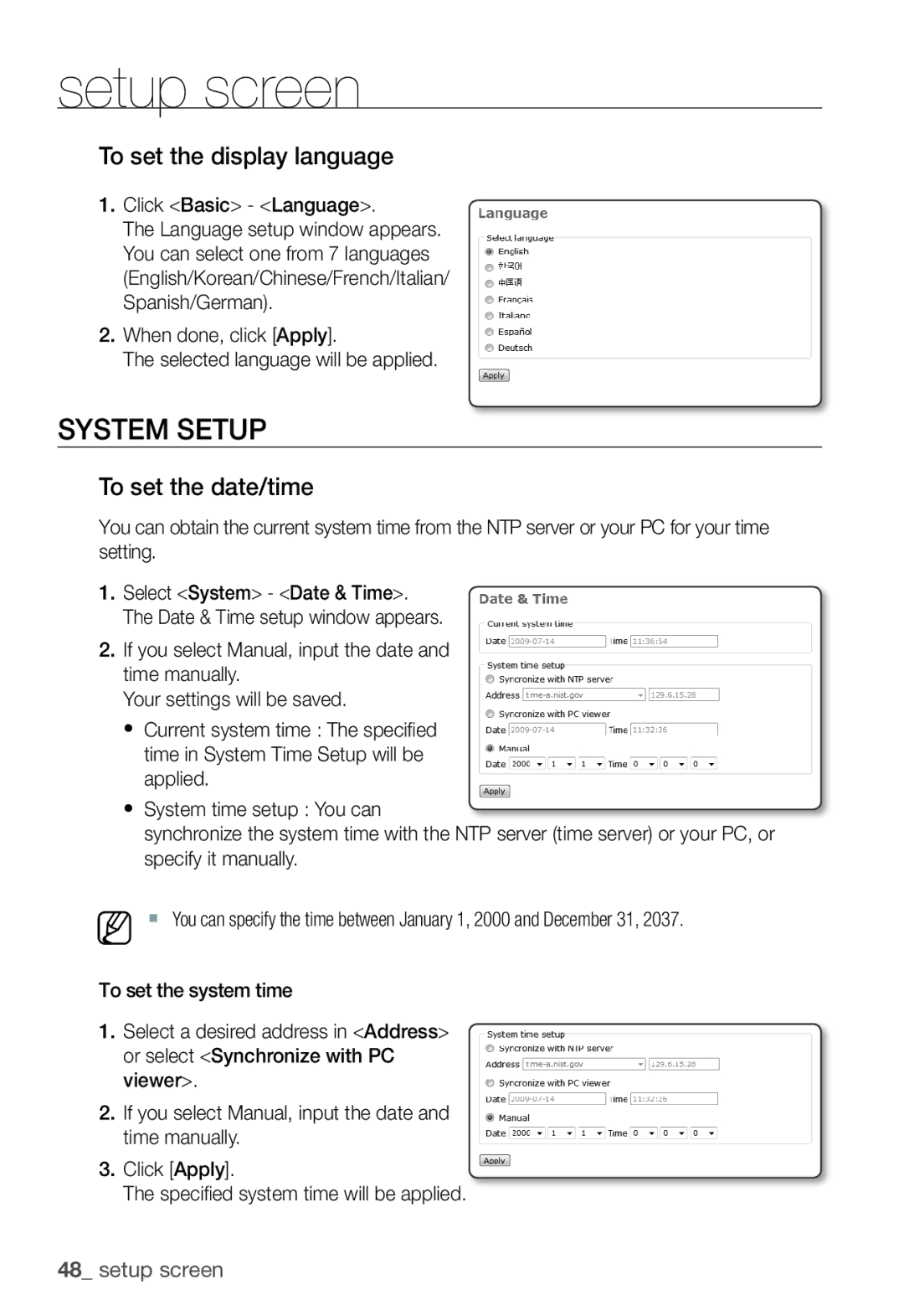 Samsung SNC-B2331P manual System Setup, To set the display language, To set the date/time, Click Basic Language 