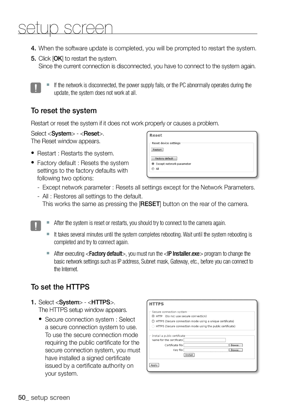 Samsung SNC-B2331P manual To reset the system, To set the Https 