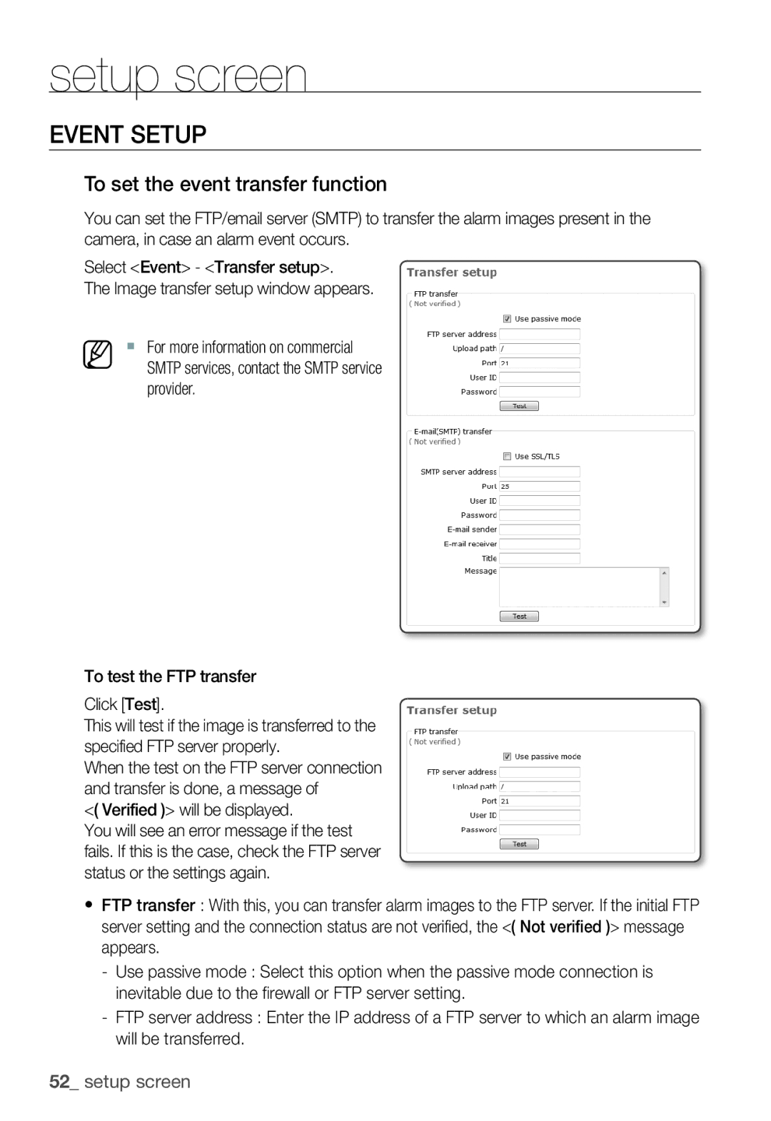 Samsung SNC-B2331P manual Event Setup, To set the event transfer function, Verified will be displayed 