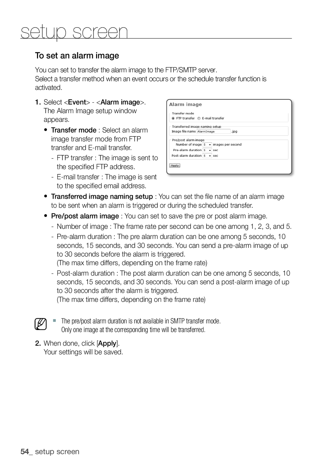 Samsung SNC-B2331P manual To set an alarm image, FTP transfer The image is sent to the speciﬁ ed FTP address 