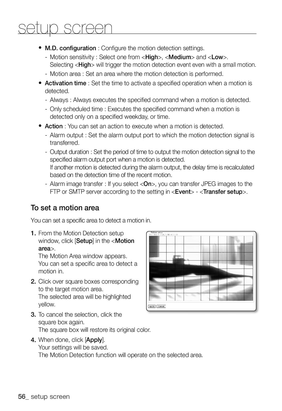 Samsung SNC-B2331P manual To set a motion area, Motion Detection function will operate on the selected area 