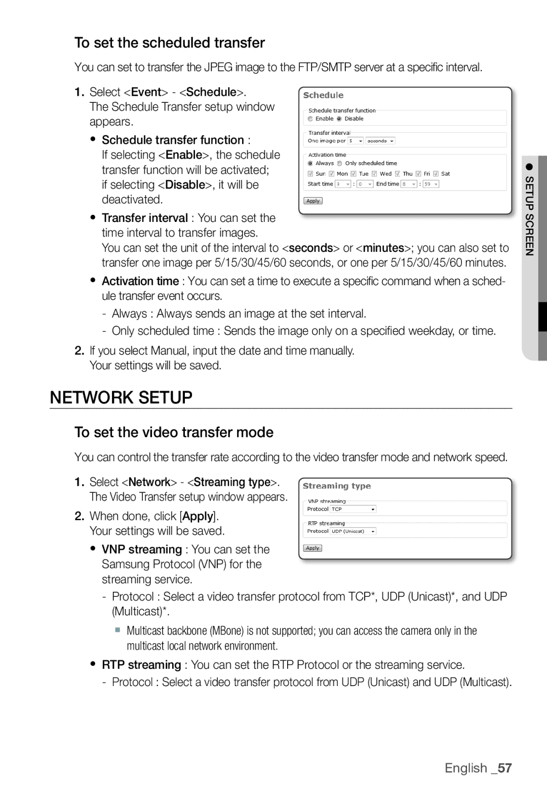 Samsung SNC-B2331P manual Network Setup, To set the scheduled transfer, To set the video transfer mode 