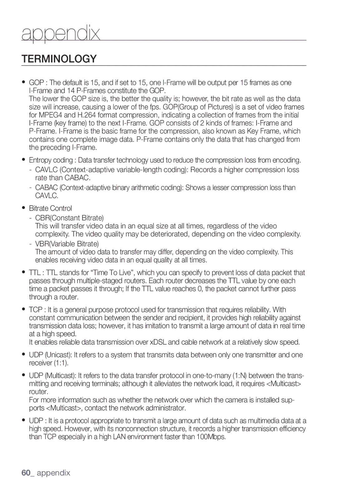 Samsung SNC-B2331P manual Terminology, Cavlc, Bitrate Control CBRConstant Bitrate 